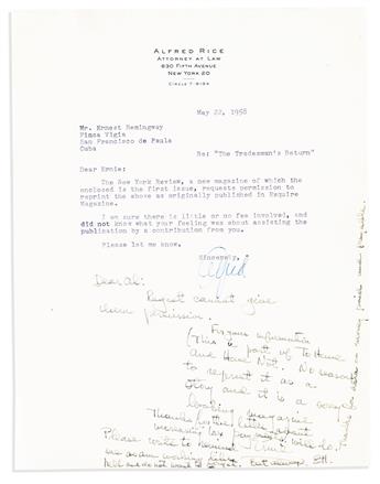 HEMINGWAY, ERNEST. Small archive of 7 items, each Signed Ernie, EH, or Ernest M. Hemingway, to or concerning his attorney Alfred R